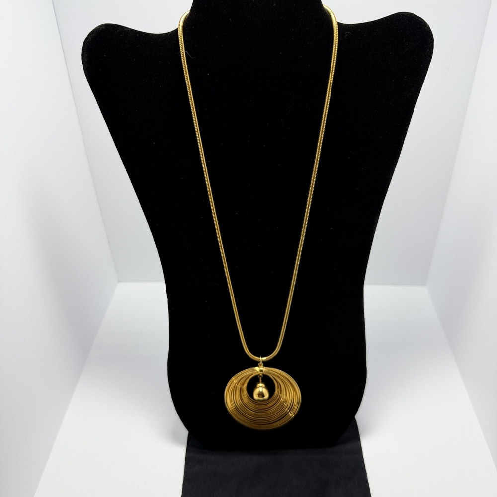 Pendant Necklace Women Gold Tone Concentric Circle Spiral Ball Snake Chain 24"